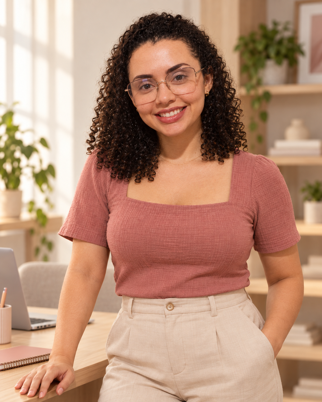 Talita Neves, com blusa rosa antigo, em seu ambiente de trabalho